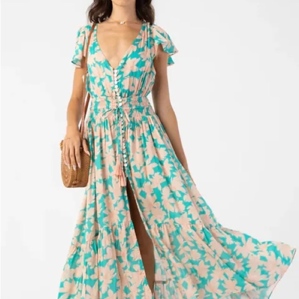 Floral V-Neck Maxi Dress in Green and Cream